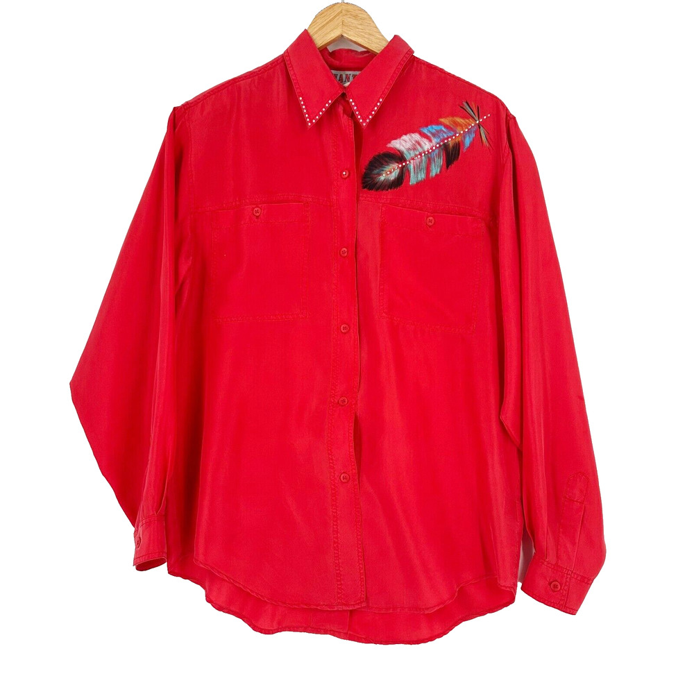 VTG 100% Silk Hand Painted Button Up Shirt Medium Boho Hippie Artsy Southwest